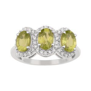 Classic Three Stone Oval Shape Peridot Gemstone Halo Ring in 925 Sterling Silver